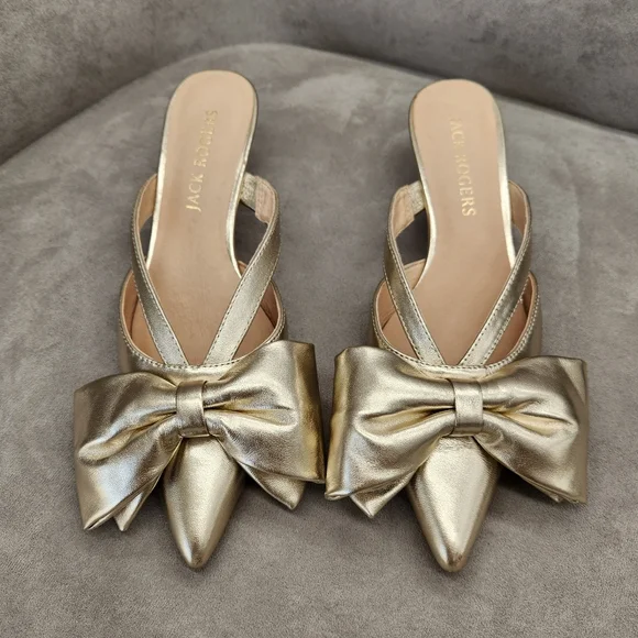 Jack Rogers Dress Mule 9 Gold Champagne Leather Cynthia Bow Kitten Heel Metallic - Picture 2 of 16